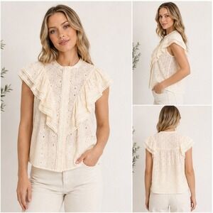 FRNCH Paris Detiana Top Blanc/Cream Cotton Eyelet Ruffle Sleeveless Blouse M